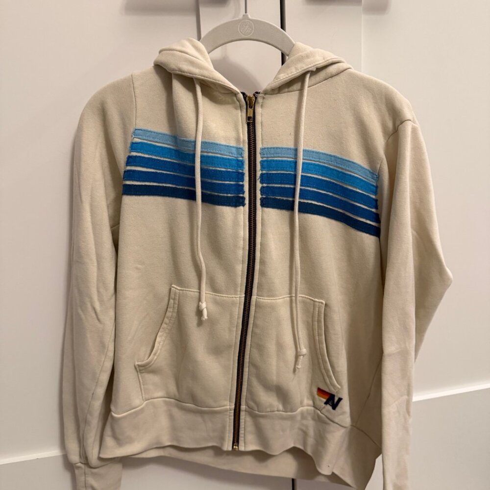 Aviator Nation 5 Striped Hoodie - Vintage White and Blue